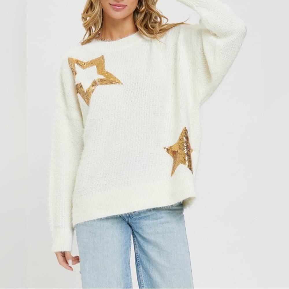 Sweet Lovely Soft White with Gold Star Sweater. S/M. Oversized.